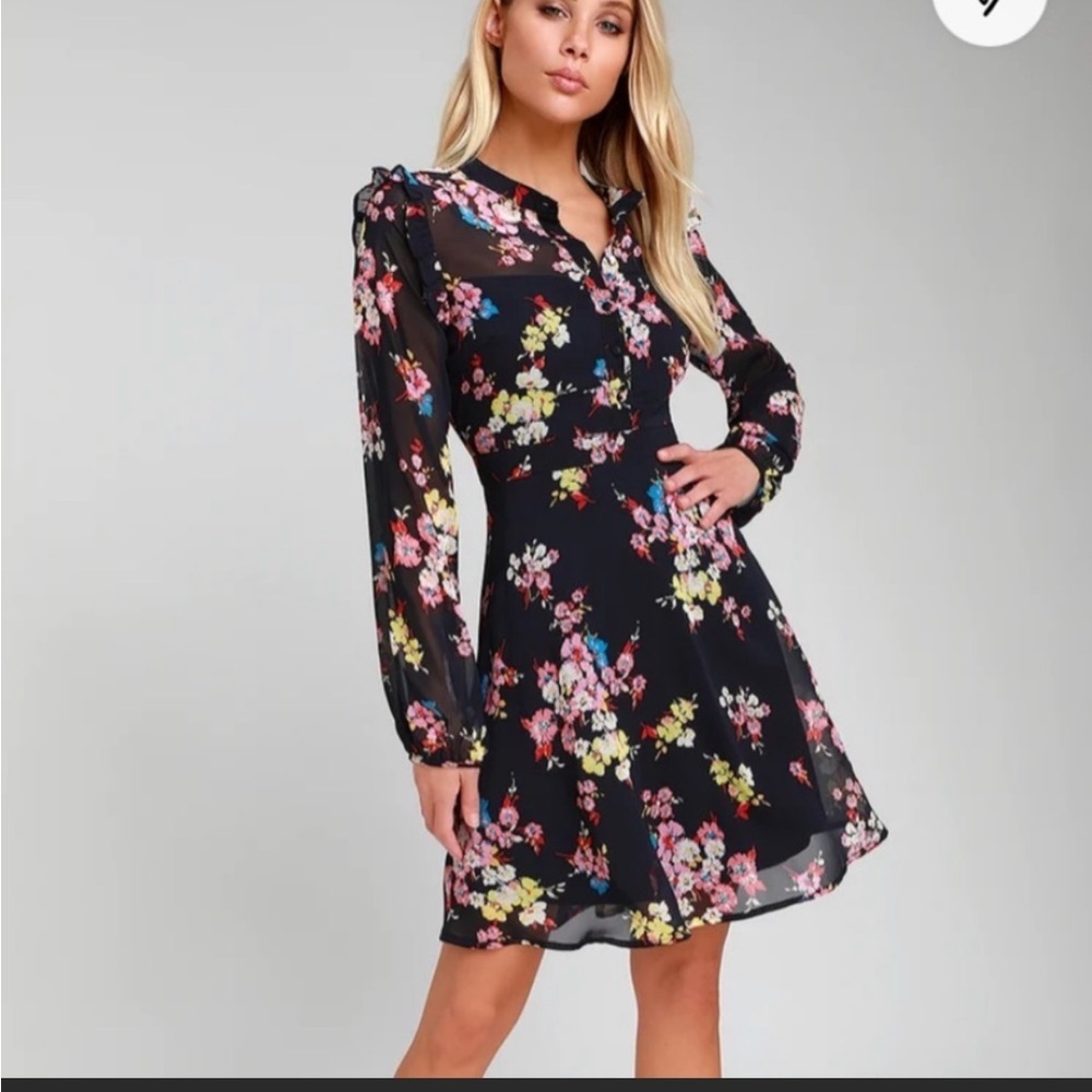Lulu’s In the Flowers Navy Blue Floral Print Long Sleeve Skater Dress XL - Picture 2 of 12